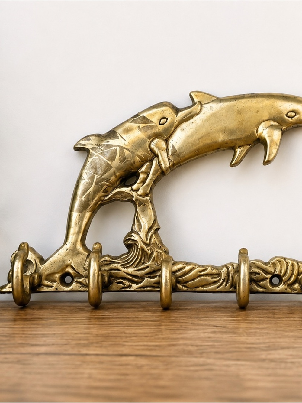 Vintage Solid Brass Dolphin Wall Key Holder | 5 Hooks - Nautical Decor